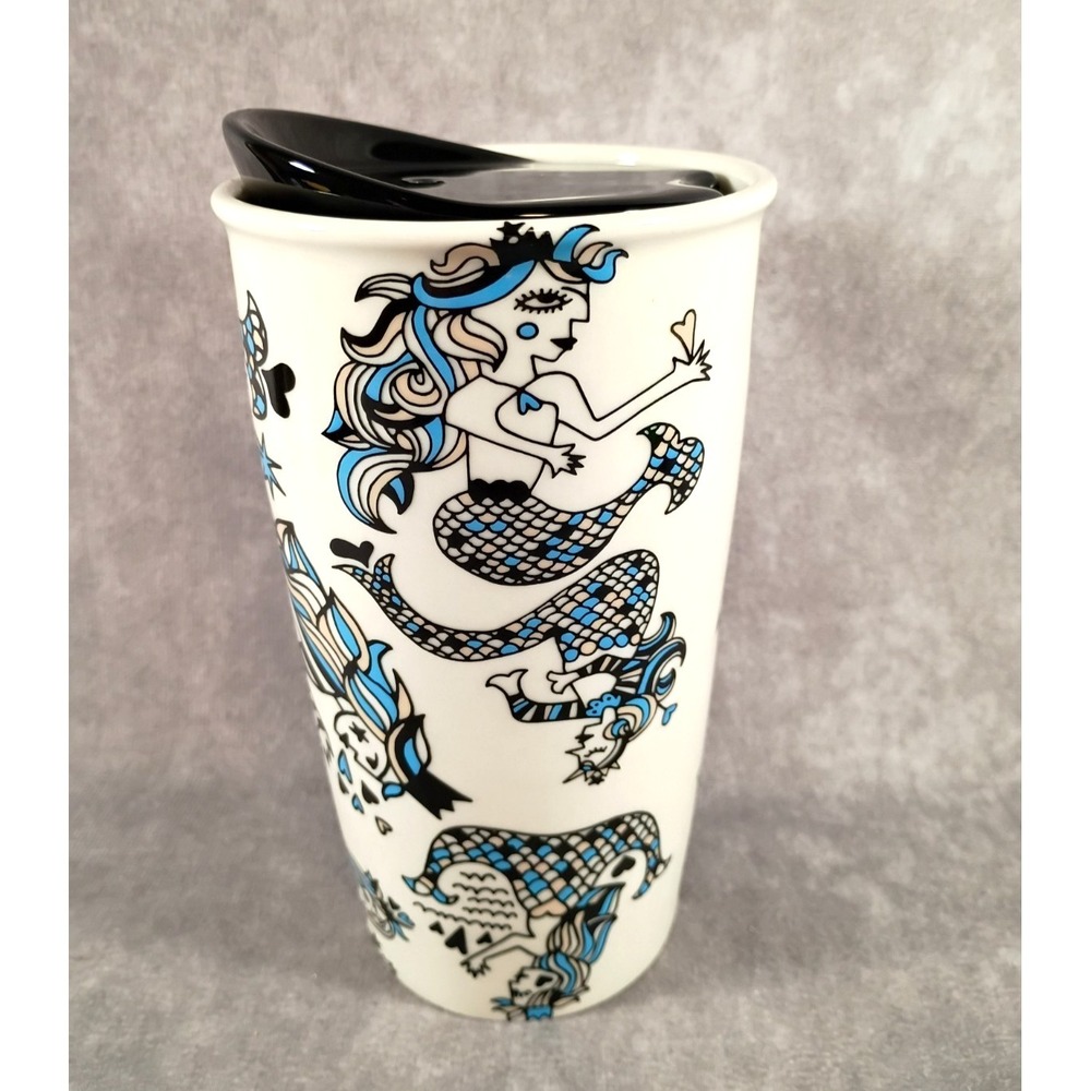 Starbucks Las Vegas Siren Mermaid Travel Tumbler Mug 2015 White Blue Ceramic Vtg